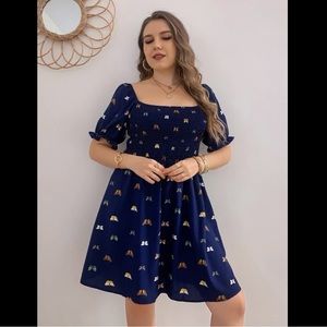 Butterfly Print Puff Sleeve Shirred A-line Dress